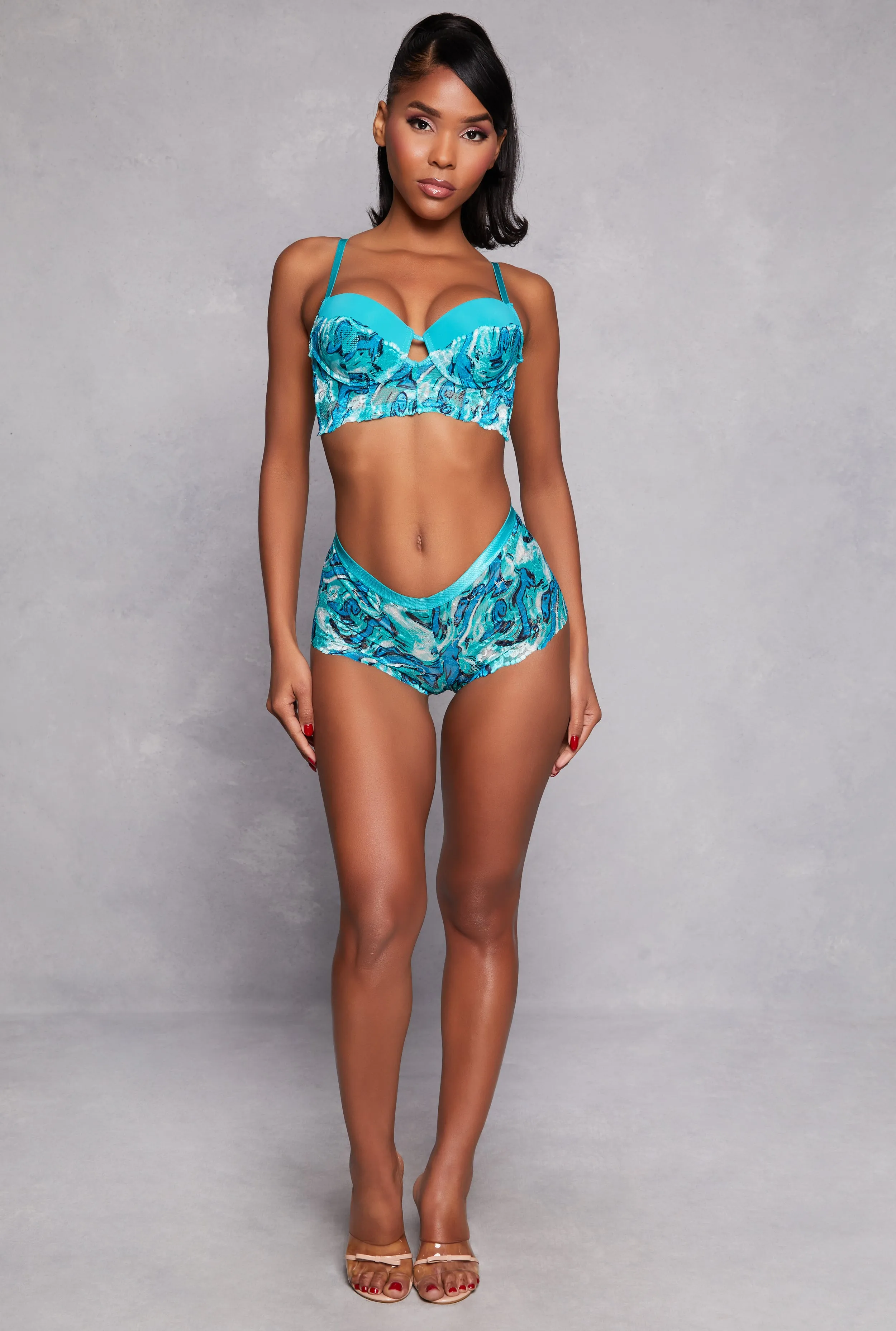 Abstract Print Lace Balconette Longline Bra