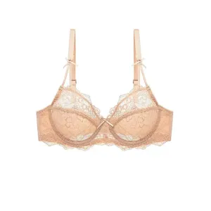 Apricot Mesh Lace Trim Underwire Bra Lingerie