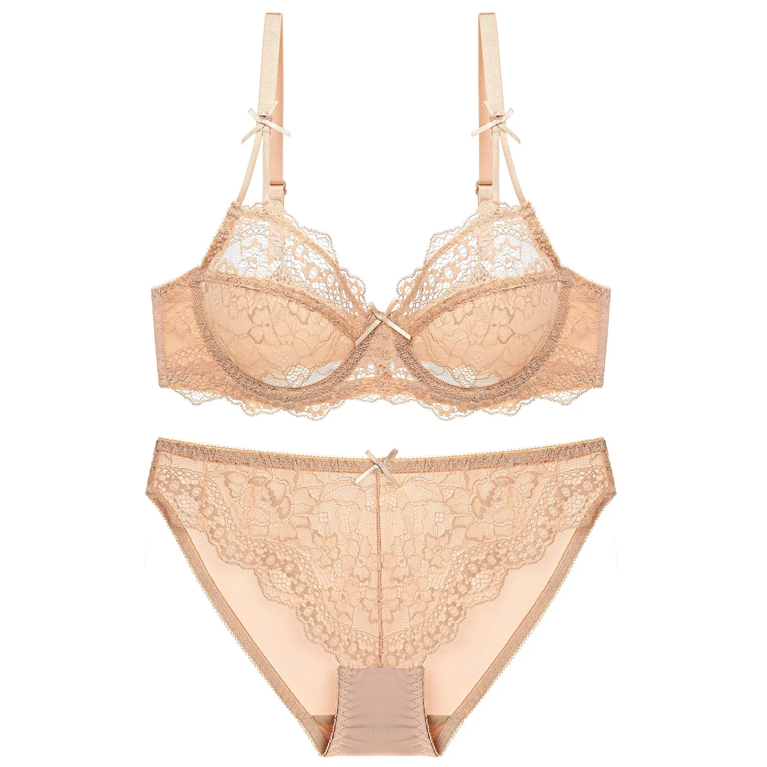Apricot Mesh Lace Trim Underwire Bra Lingerie