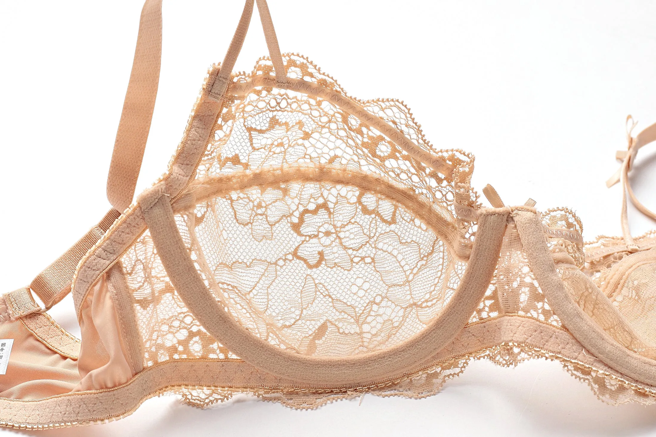 Apricot Mesh Lace Trim Underwire Bra Lingerie