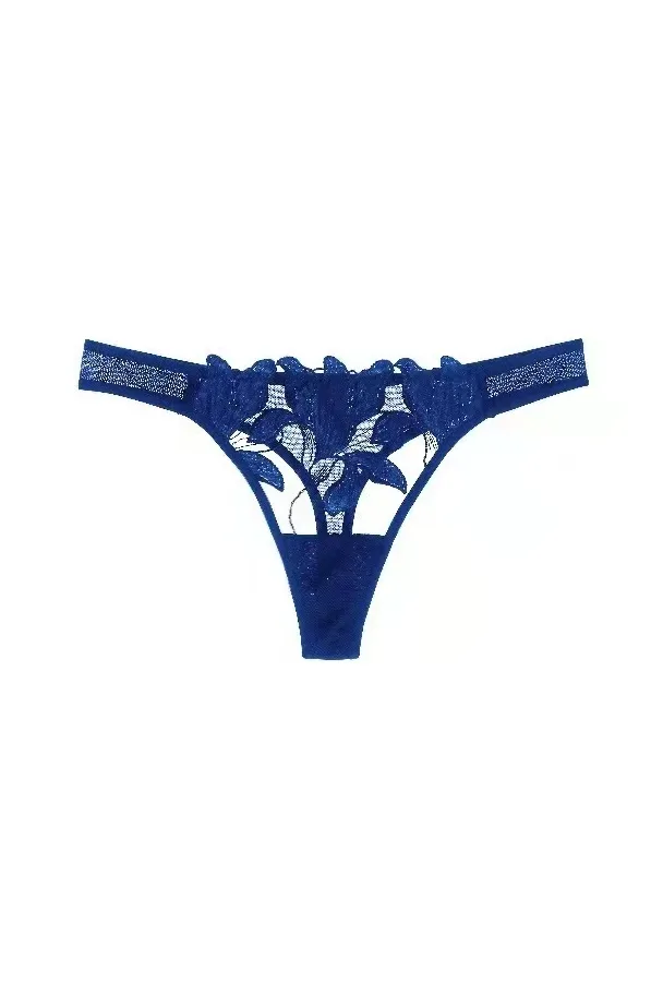 Blue Magic Flower Embroidery Mesh Panty Lingerie Thong