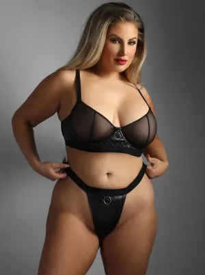 Fantasy Edge Queen Quilted Wetlook Mesh Bra Crotchless Panty Set Black