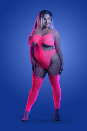 Fantasy Glow Queen Wavelength Cutout Rhinestone Teddy Bodystocking Neon Pink