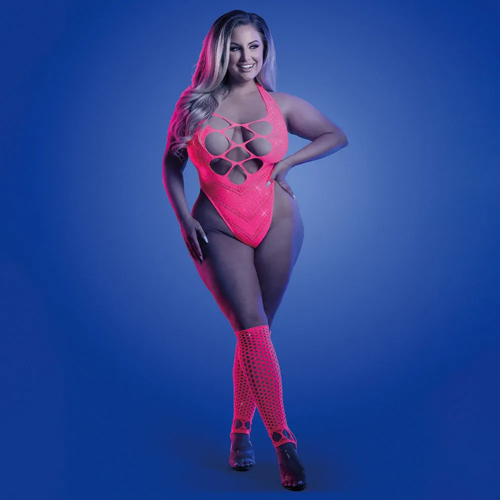 Fantasy Lingerie Glow Flashback Rhinestone Teddy & Gloves - Curvy