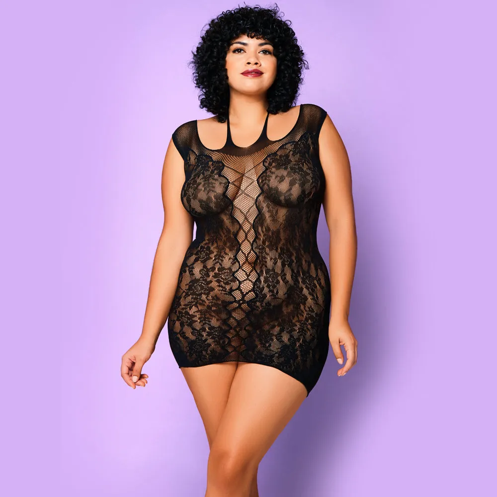 Glitter Lace Kiss Floral Criss-Cross Mesh Chemise - Curvy