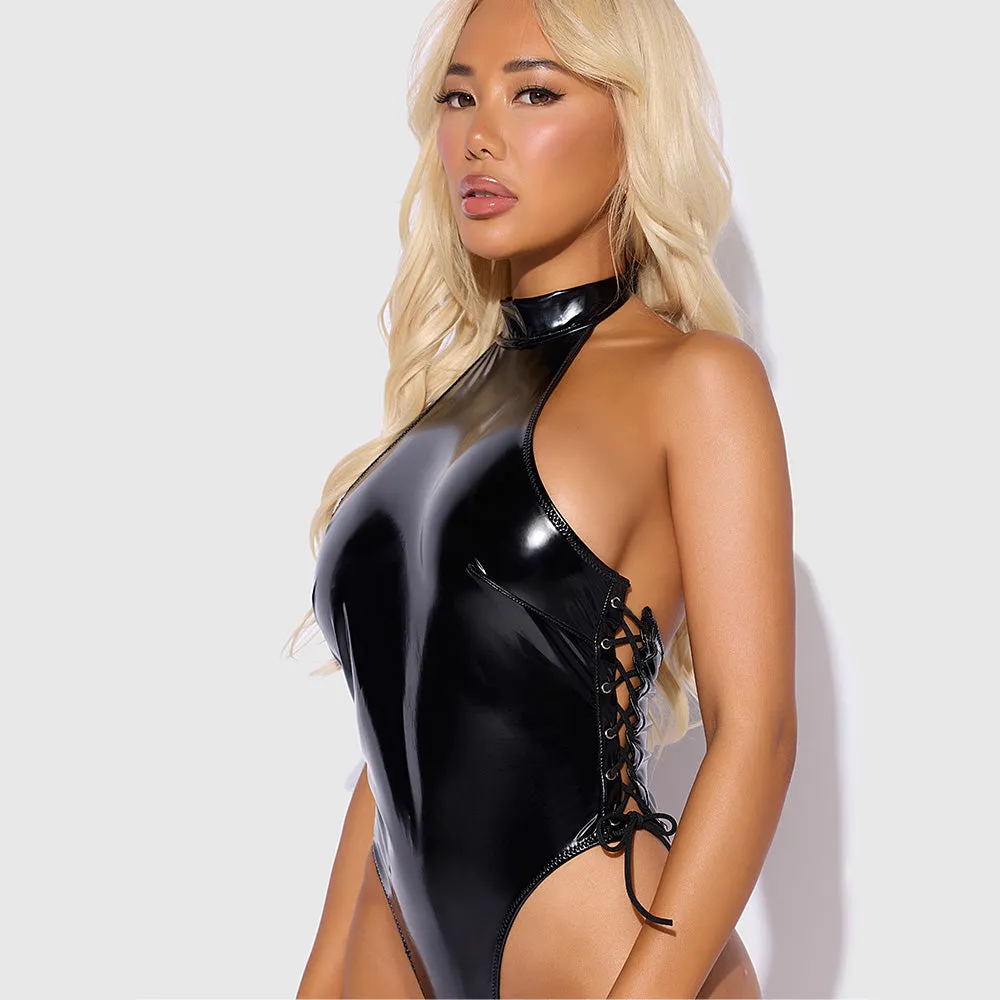 House of Desire Trinity Patent Wet Look Lace-Up Halter Teddy