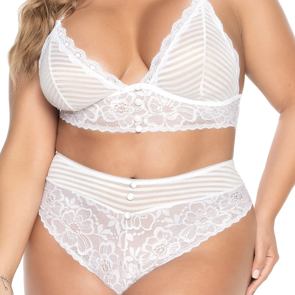 Mapale Cross-Back Button Lace Bra & Keyhole Panty Set - Curvy