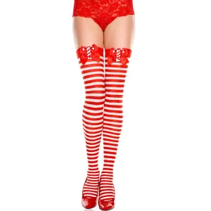 Music Legs Candy Cane Striped Bow Thigh-High Stockings