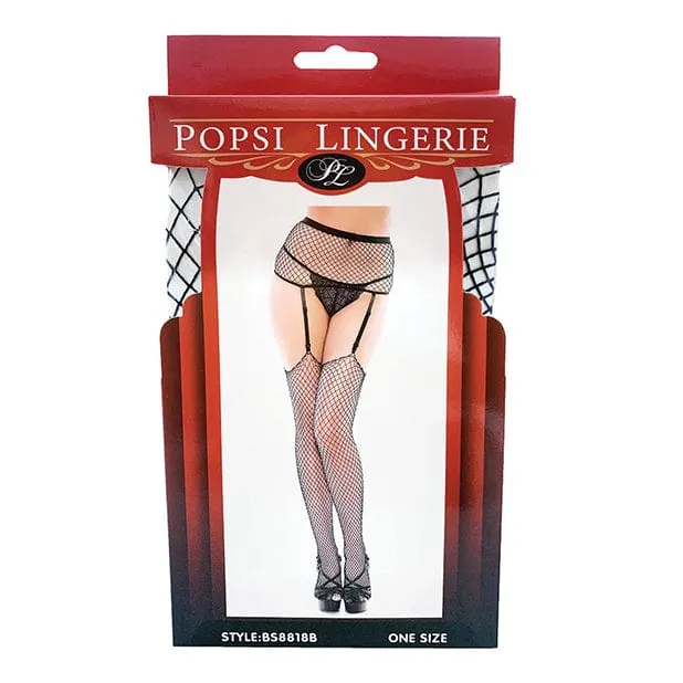 Popsi Lingerie - Black Diamond Net Thigh High Garter Pantyhose Stockings O/S (Black)
