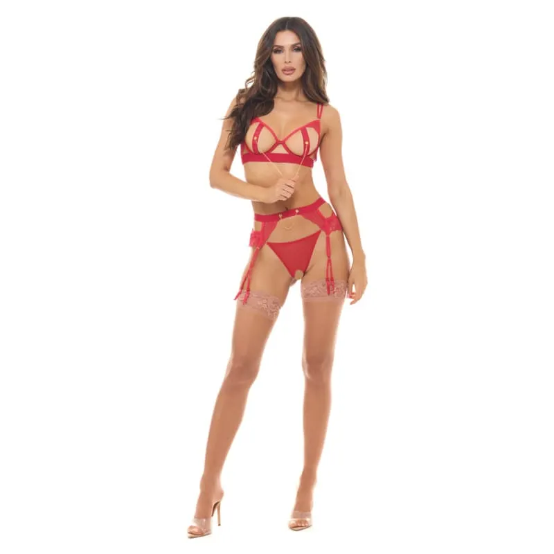 Twist Every Way Chain Bra, Garter and Crotchless G-String 3pc - Red - S/m