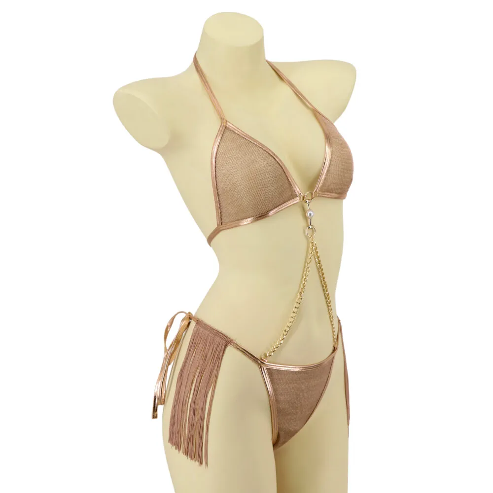 Western Fashion Metallic Mesh Chain Link Fringe Bikini