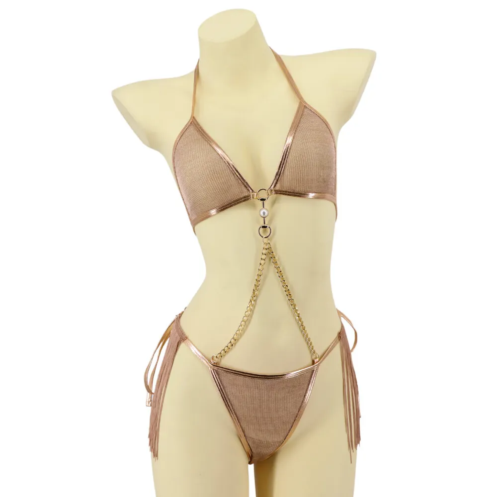 Western Fashion Metallic Mesh Chain Link Fringe Bikini